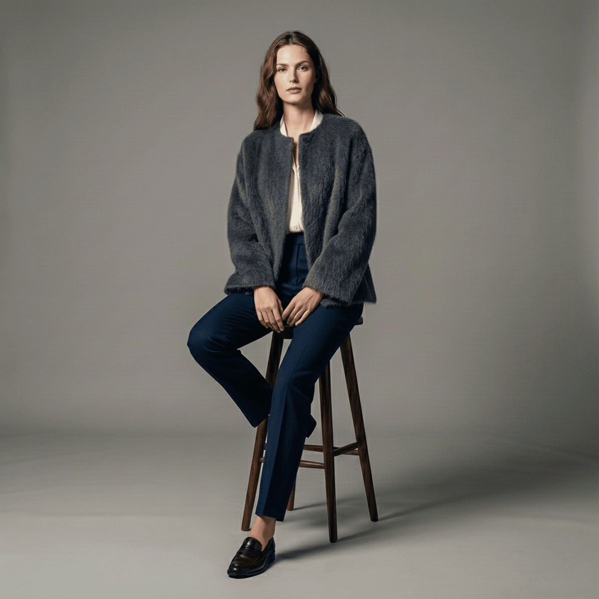 Woman sitting on a stool wearing a gray cardigan and dark jeans against a plain background
