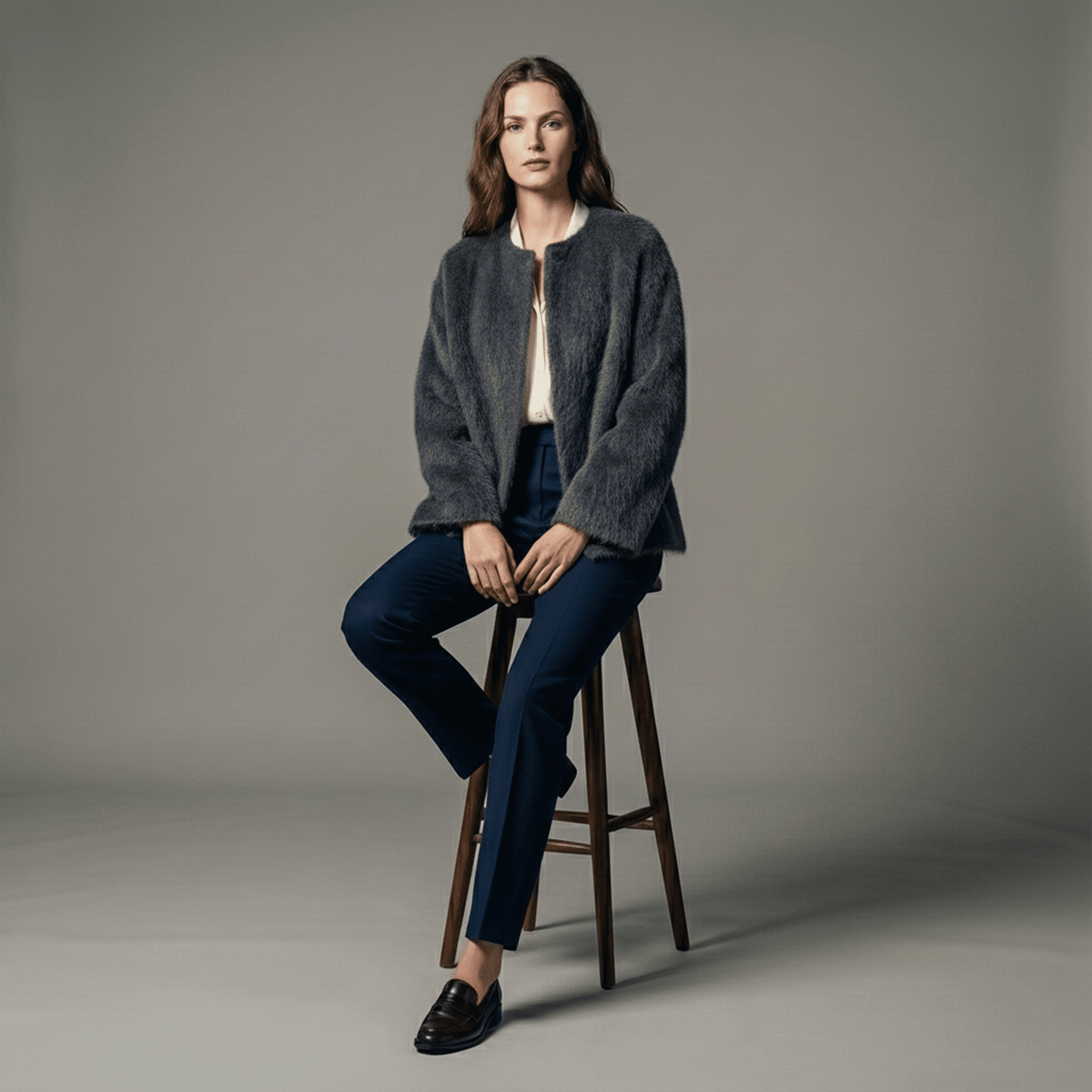 Woman sitting on a stool wearing a gray cardigan and dark jeans against a plain background