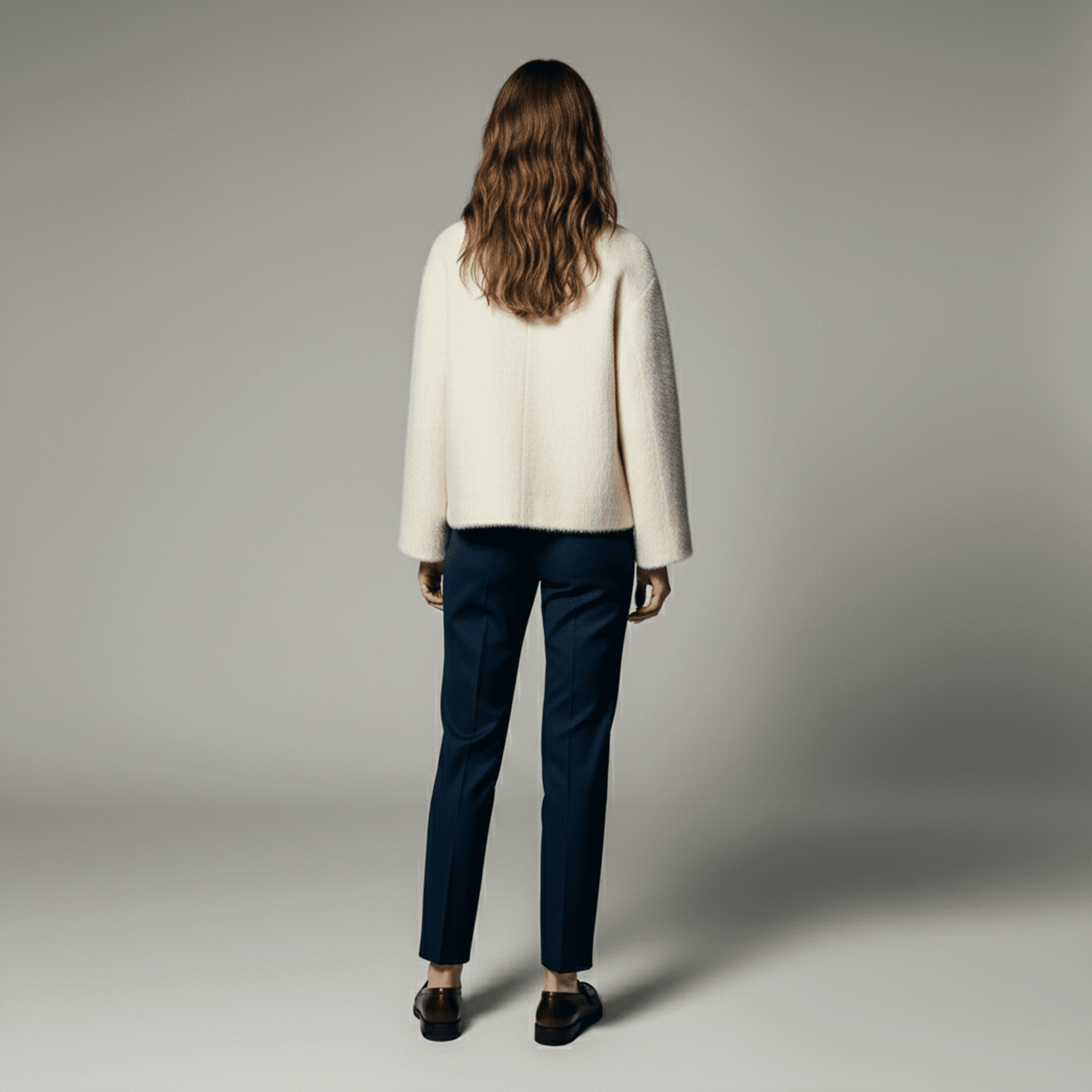 Person wearing a cream sweater and dark pants on a gray background
