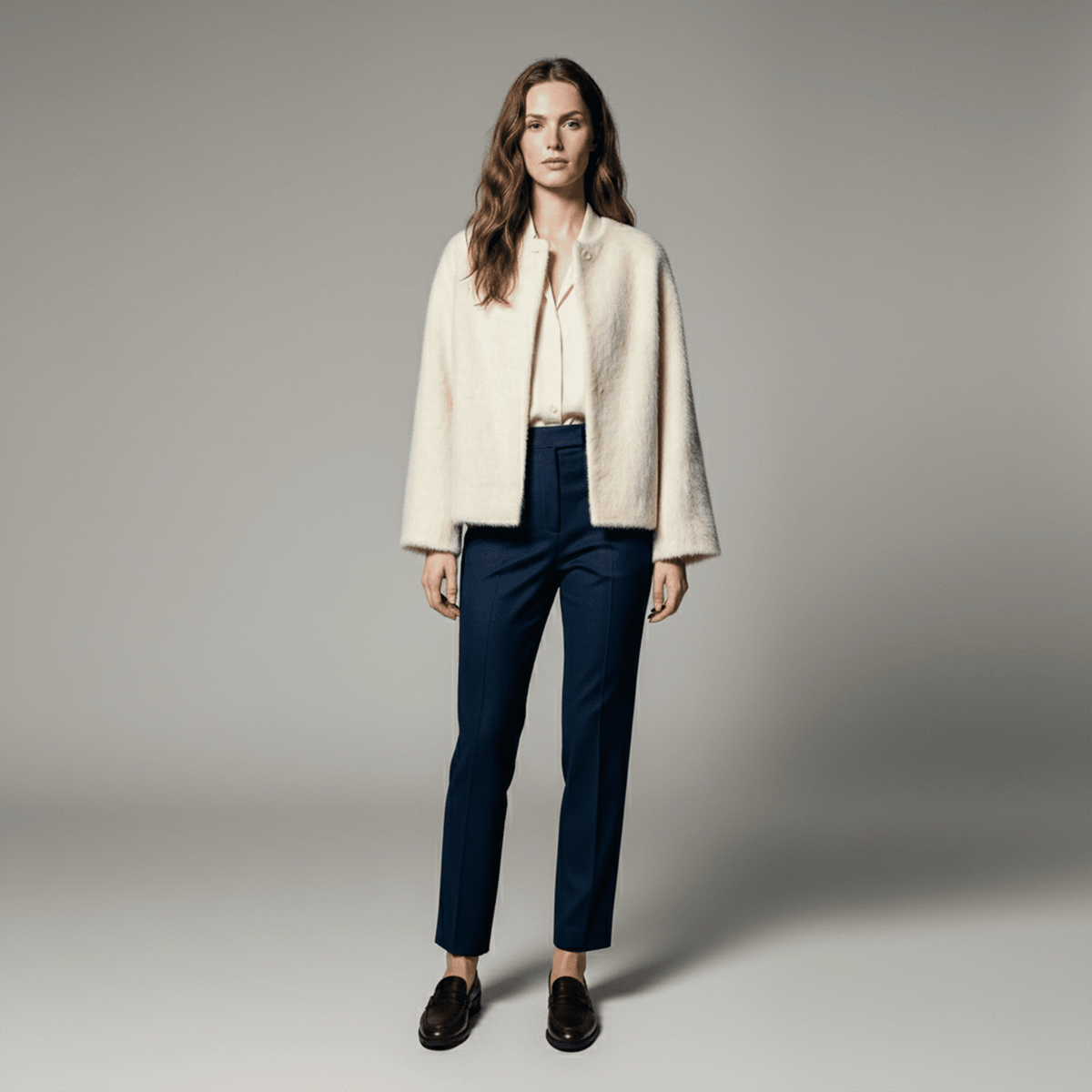 Woman wearing a cream jacket and blue pants on a gray background