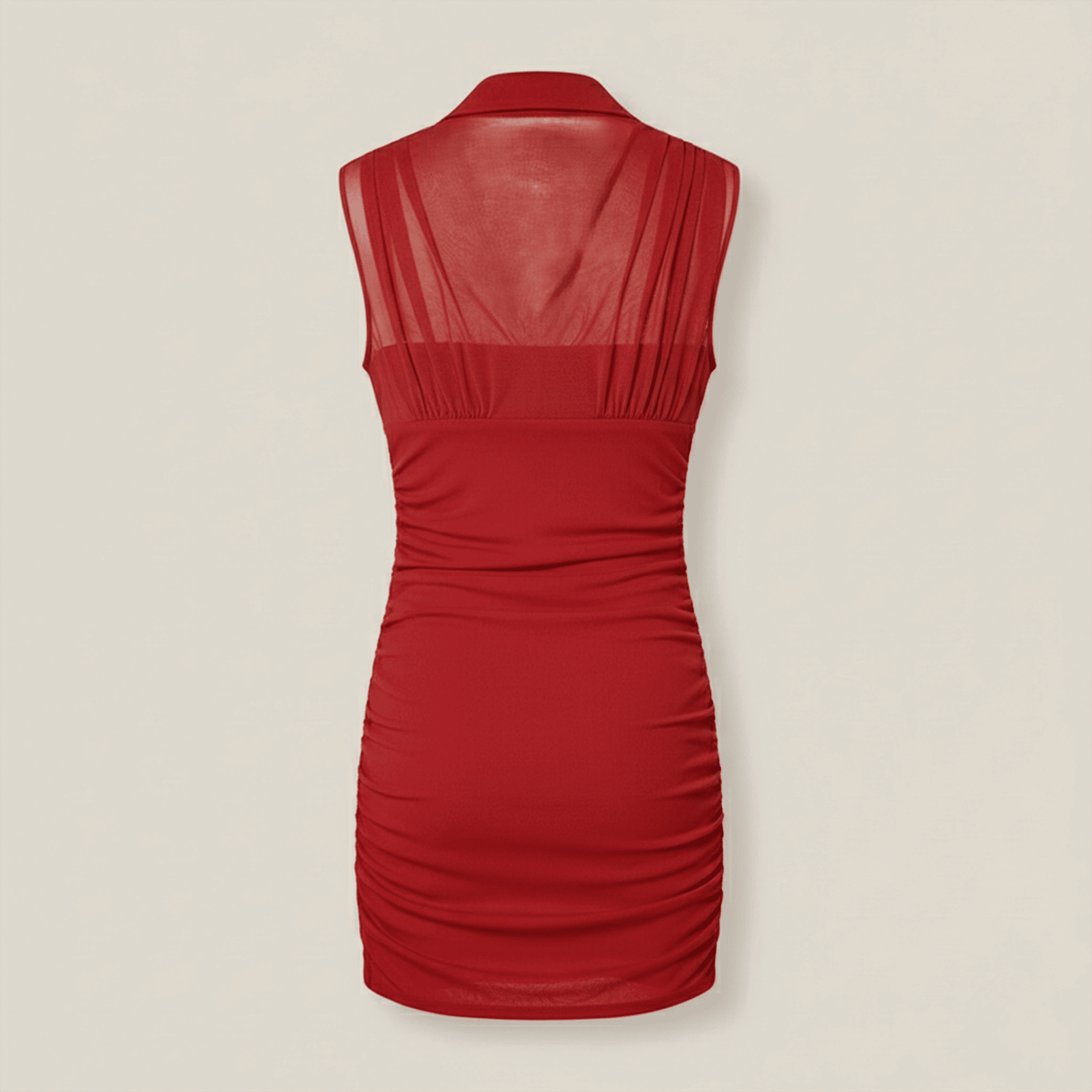 Red dress with sheer back on a beige background