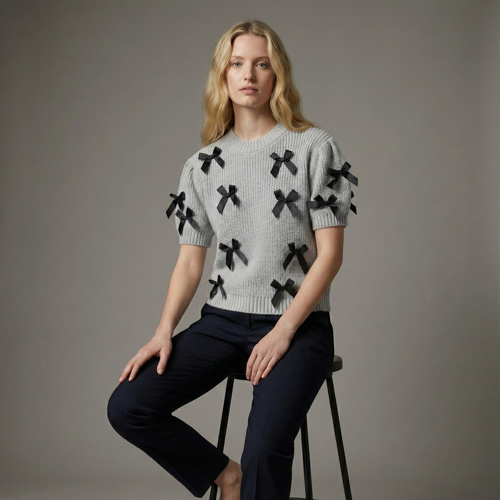 Woman wearing a gray sweater with black bow patterns sitting on a stool against a gray background