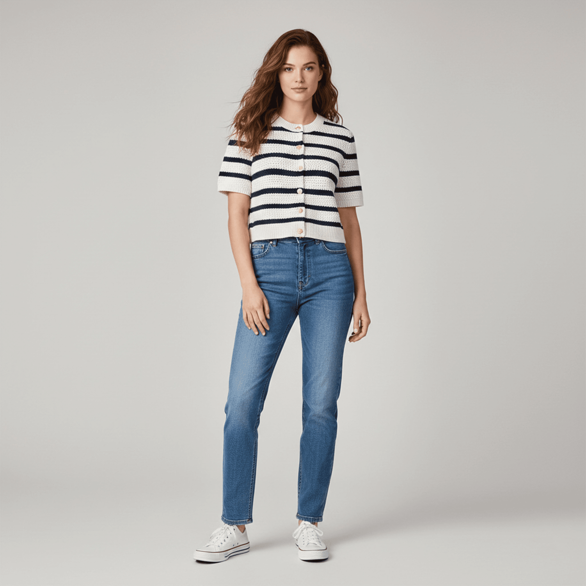 Woman wearing a striped shirt and blue jeans on a gray background