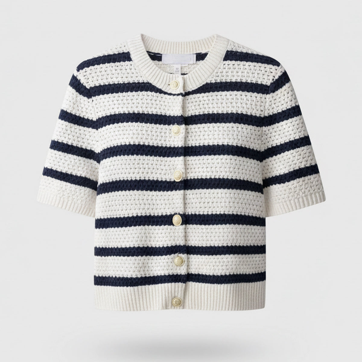 Striped sweater with navy and white stripes on a light gray background