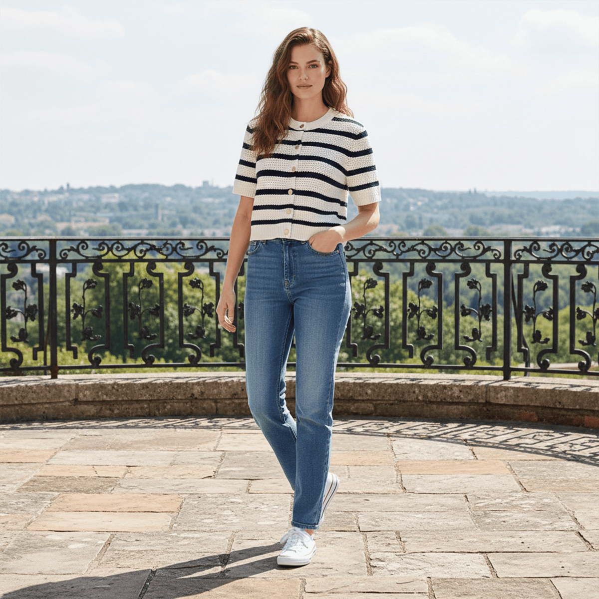 Woman wearing a striped shirt and jeans standing on a stone path with a scenic background