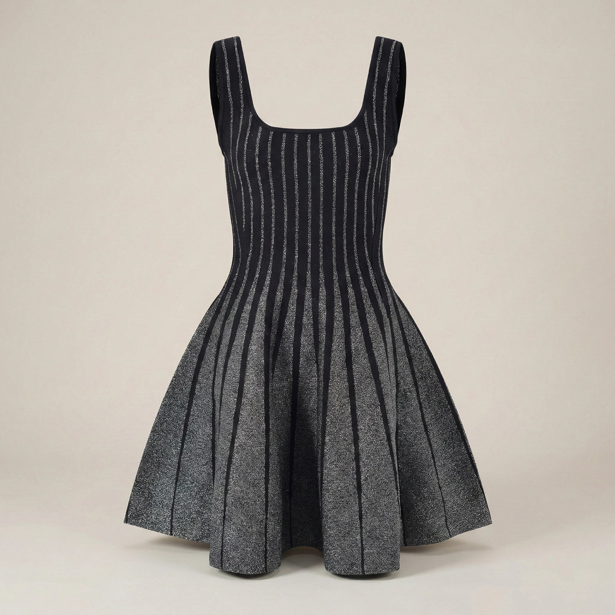 SilverGlitteredFlaredMiniDressWithVerticalStripe