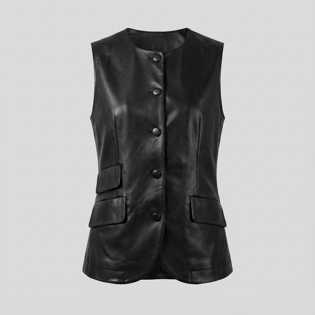 Black leather vest with button details on a light gray background