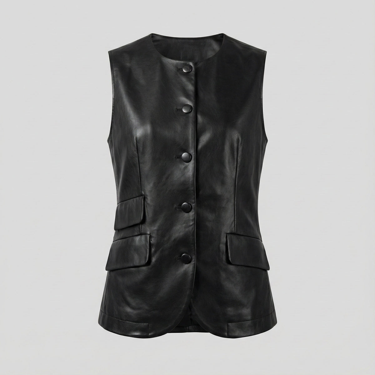 Black leather vest with button details on a light gray background