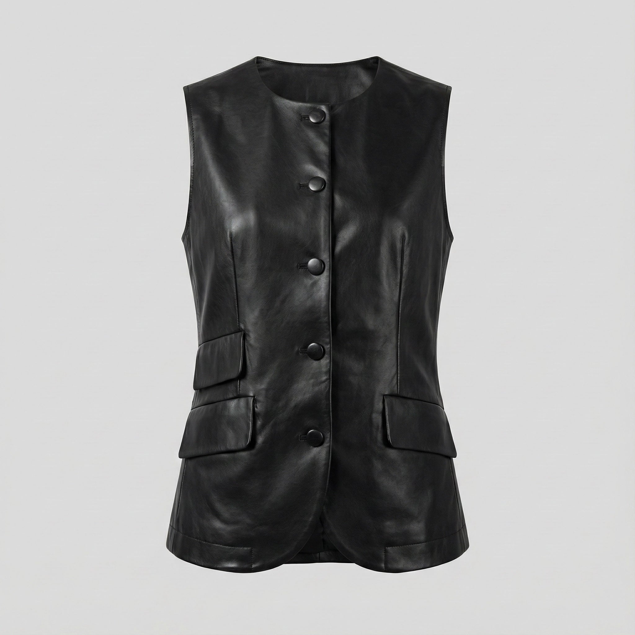 Black leather vest with button details on a light gray background
