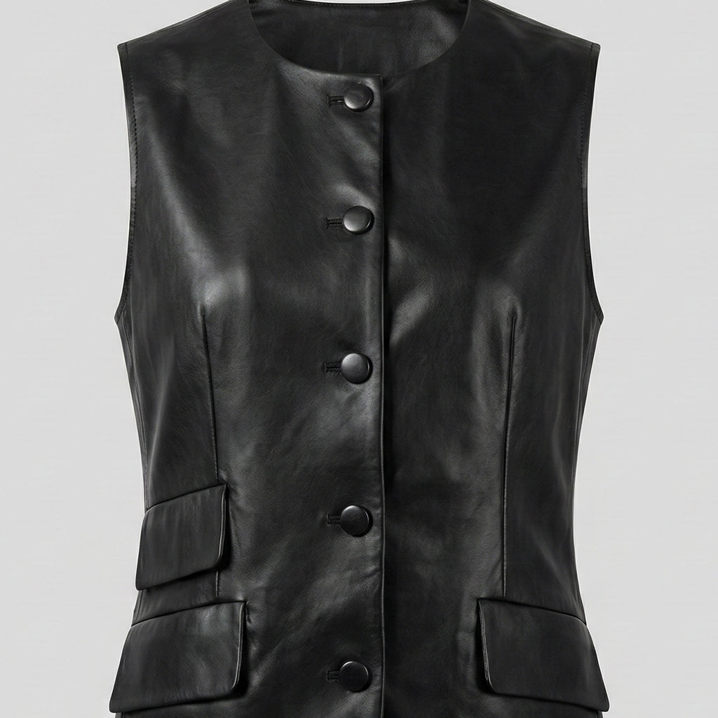 Black leather vest with button details on a light gray background