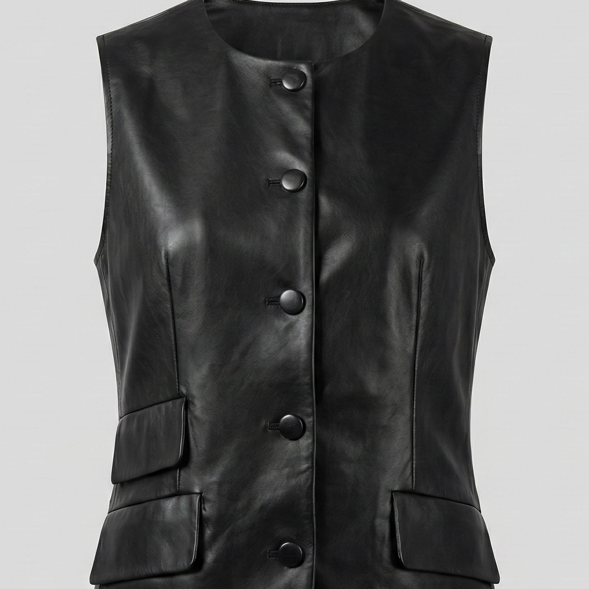 Black leather vest with button details on a light gray background