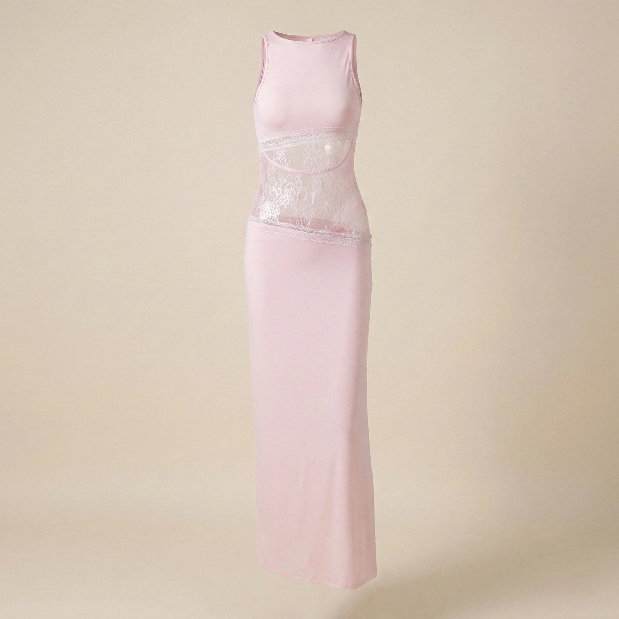 Pink evening gown with sequin detailing on a beige background