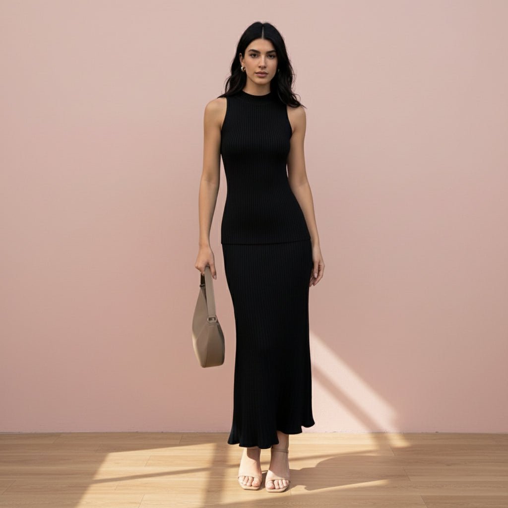 Woman wearing a black sleeveless dress holding a brown handbag on a gray background