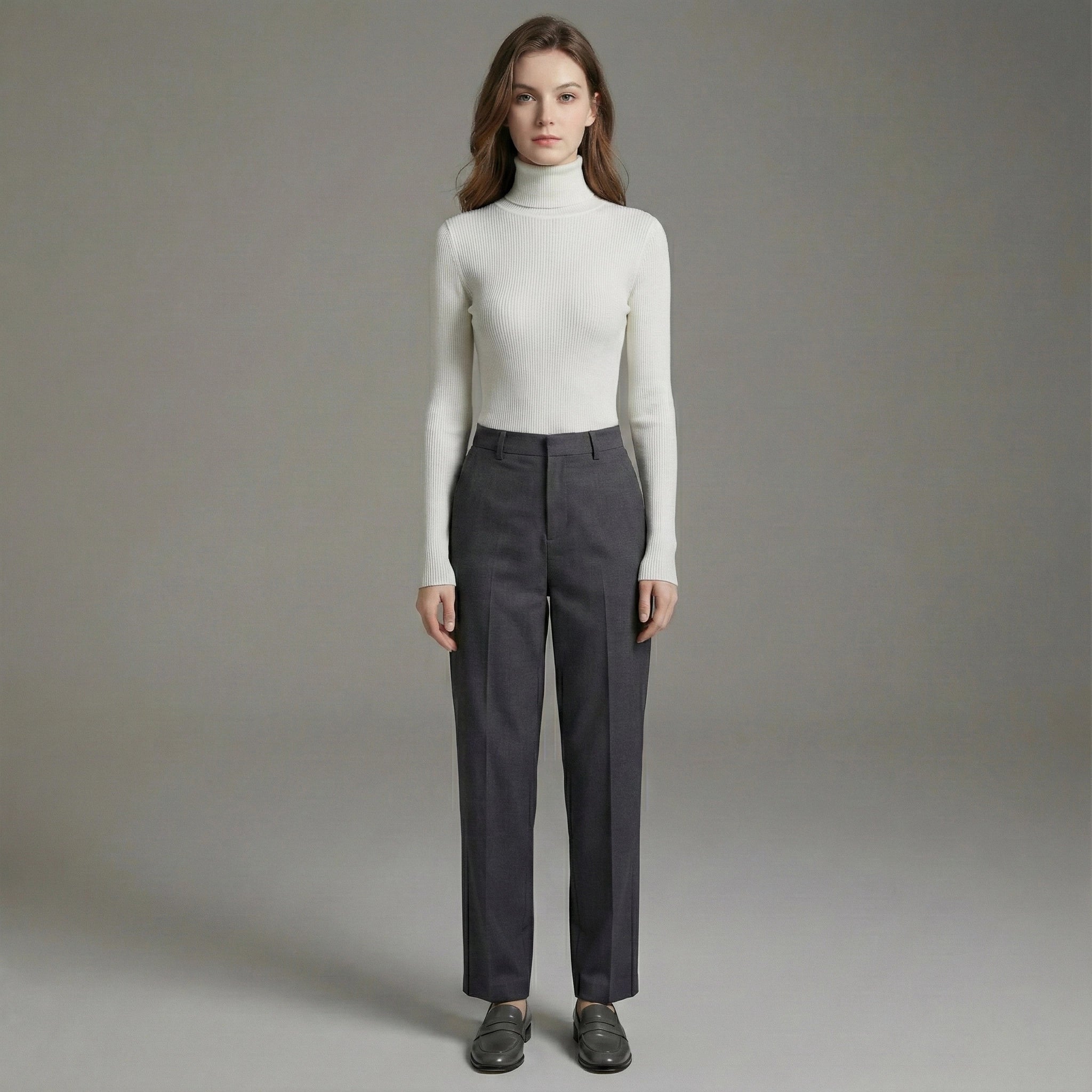 Woman wearing a white turtleneck and gray pants against a plain background