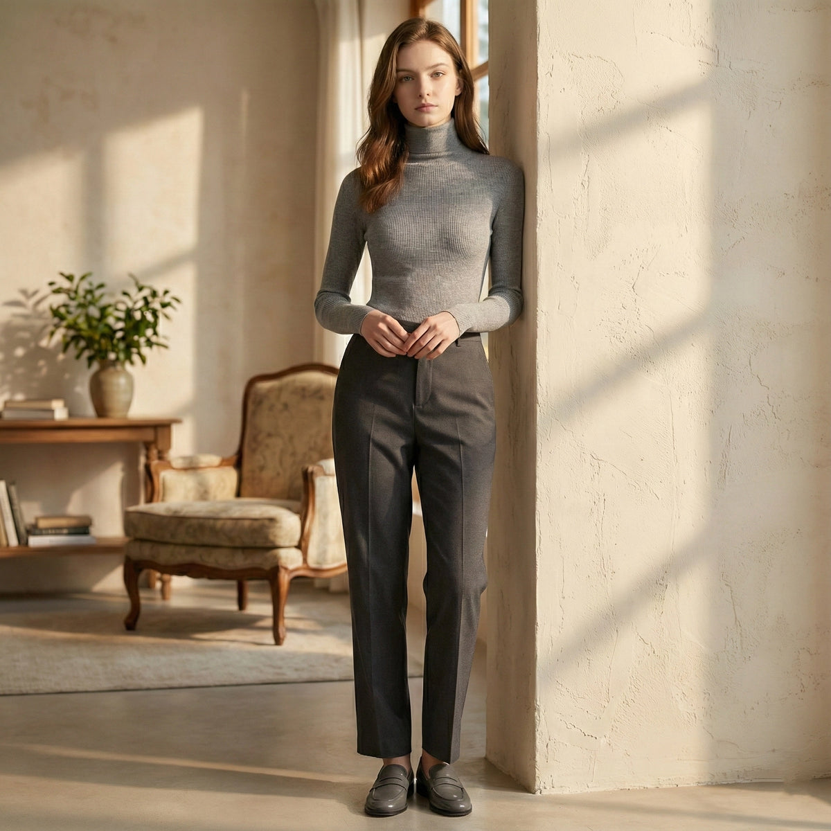 Woman in a gray turtleneck and dark pants standing in a sunlit room with a chair and plant in the background.