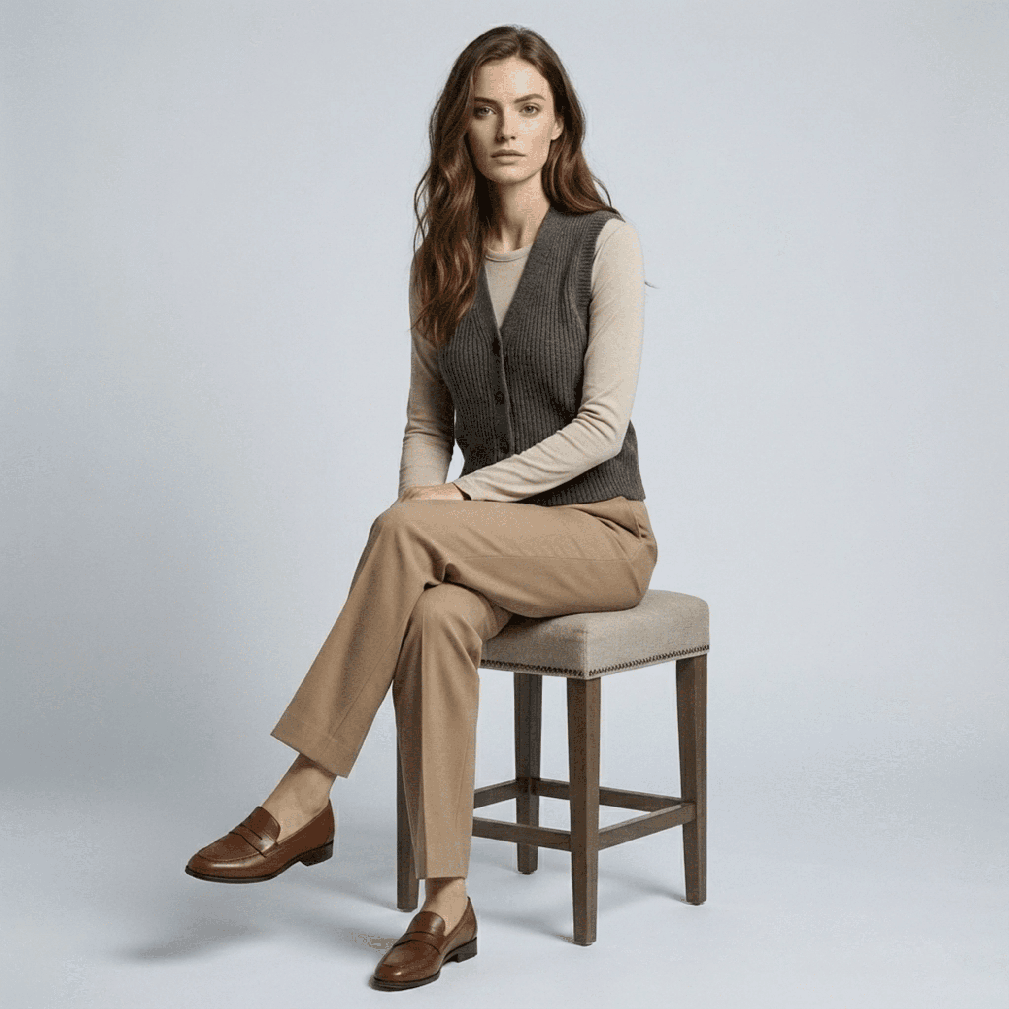 Woman sitting on a stool wearing a beige sweater, vest, and pants with brown shoes against a light gray background.