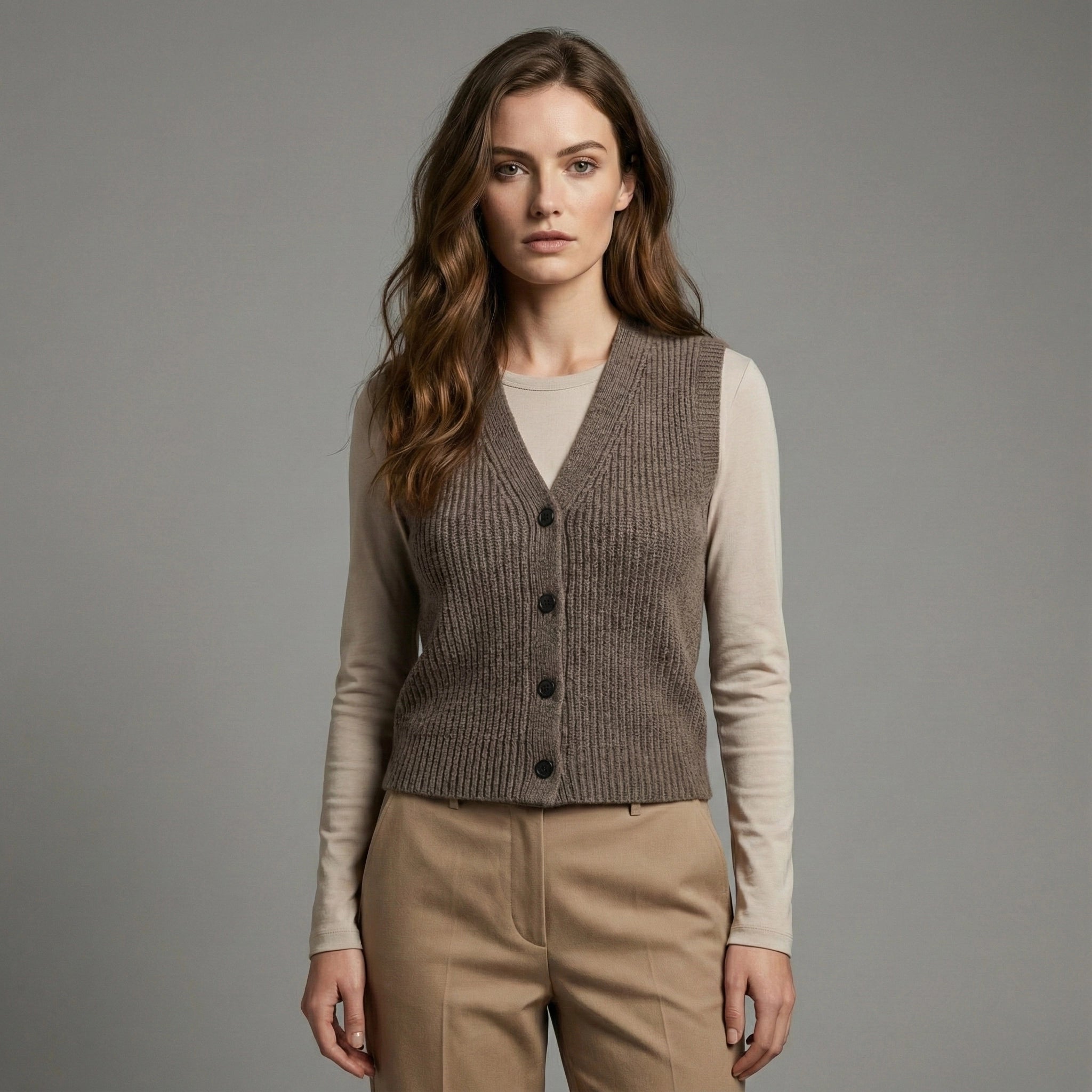 Woman wearing a brown knitted vest over a beige long-sleeve shirt and beige pants on a gray background