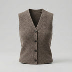 Brown knitted vest with buttons on a light gray background