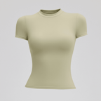 Beige short-sleeve top on a light gray background