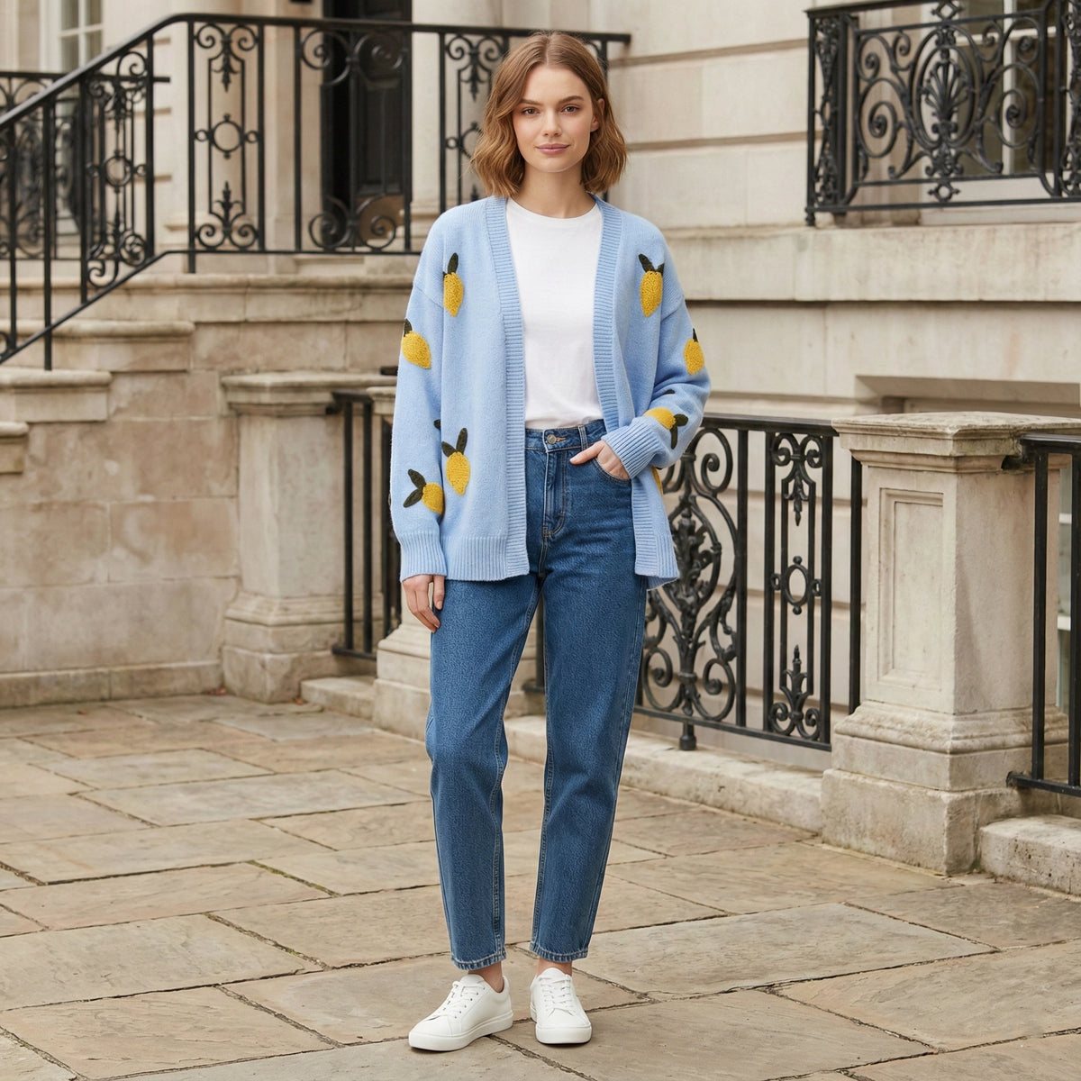 Sofia 'Lemon' Applique Embroidered Knit Cardigan