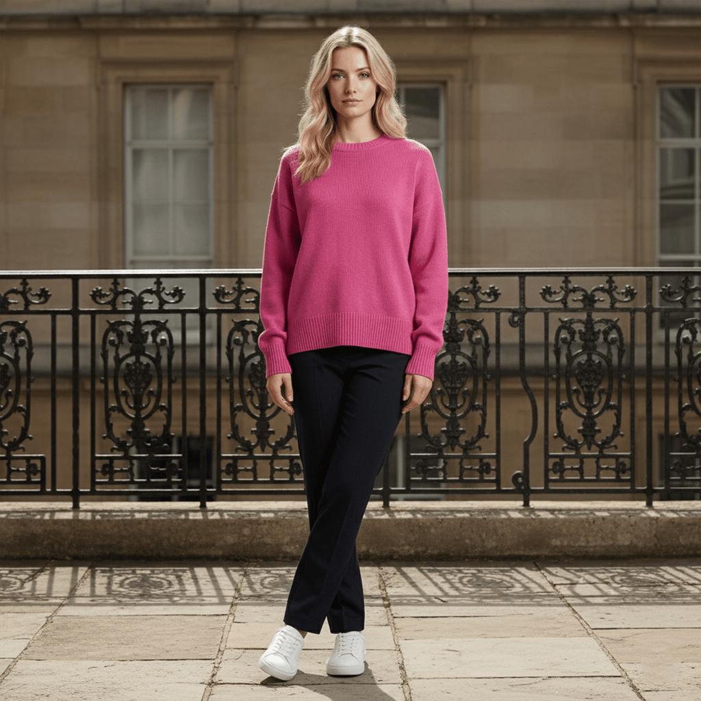 Woman wearing a pink sweater and black pants standing in front of a building with decorative railings.