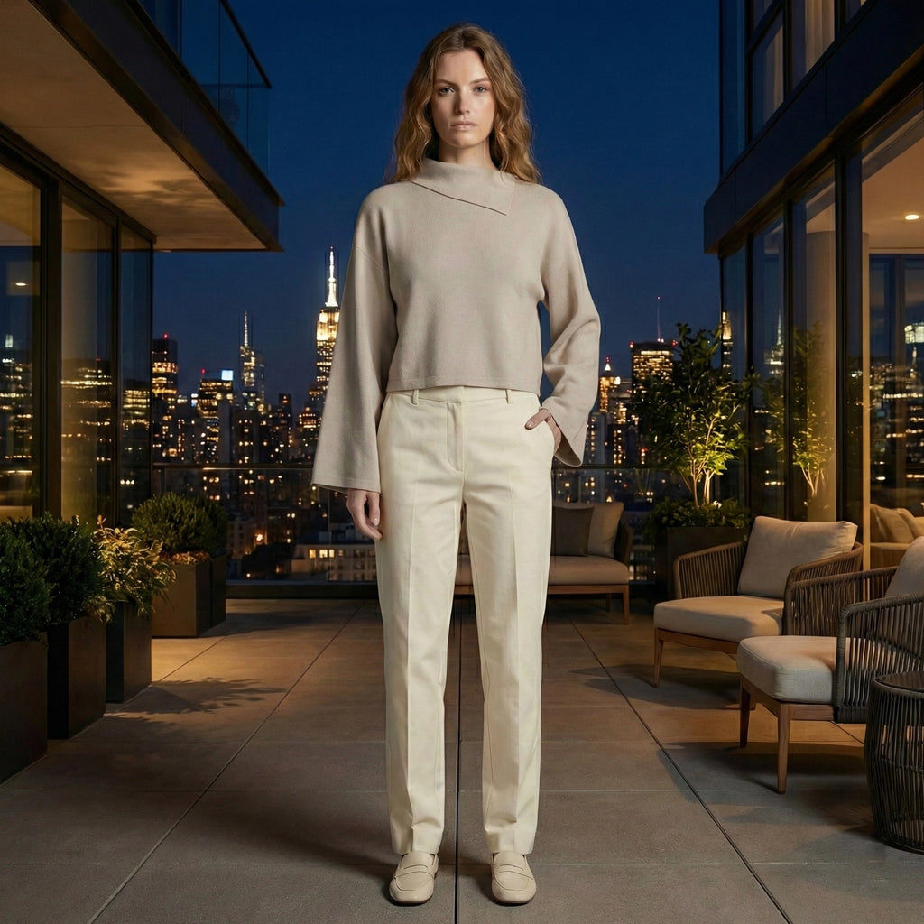 Woman standing on a rooftop terrace with a city skyline at night.