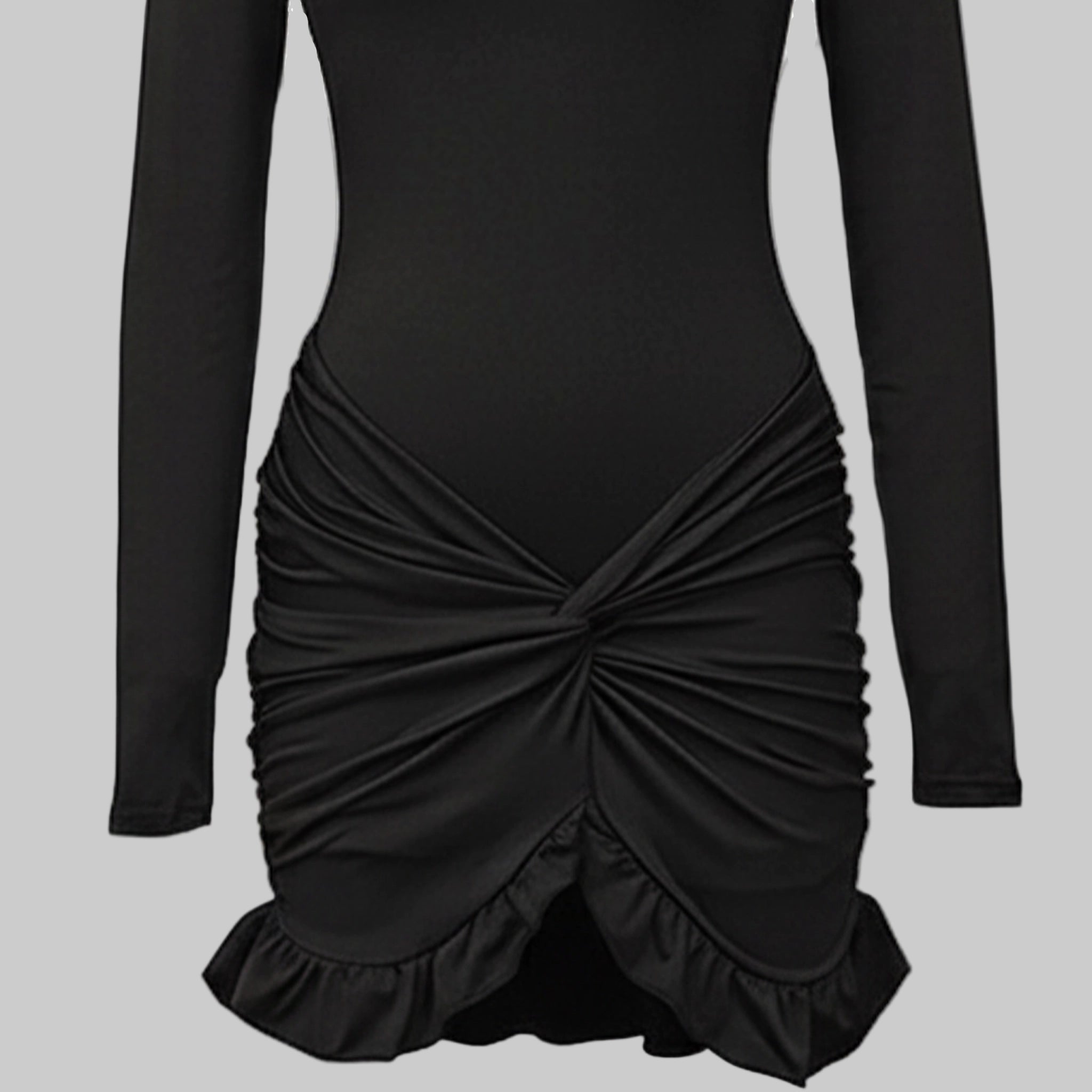 Black dress with ruched design on a gray background