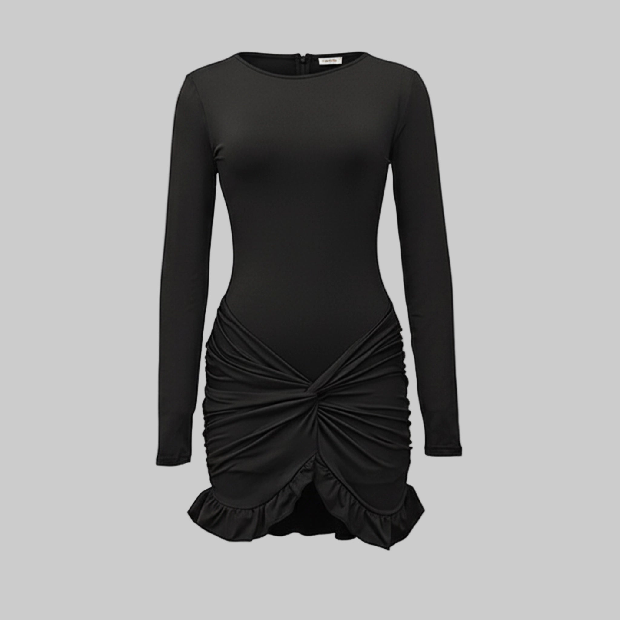 Black long-sleeve dress with a ruched design on a white background