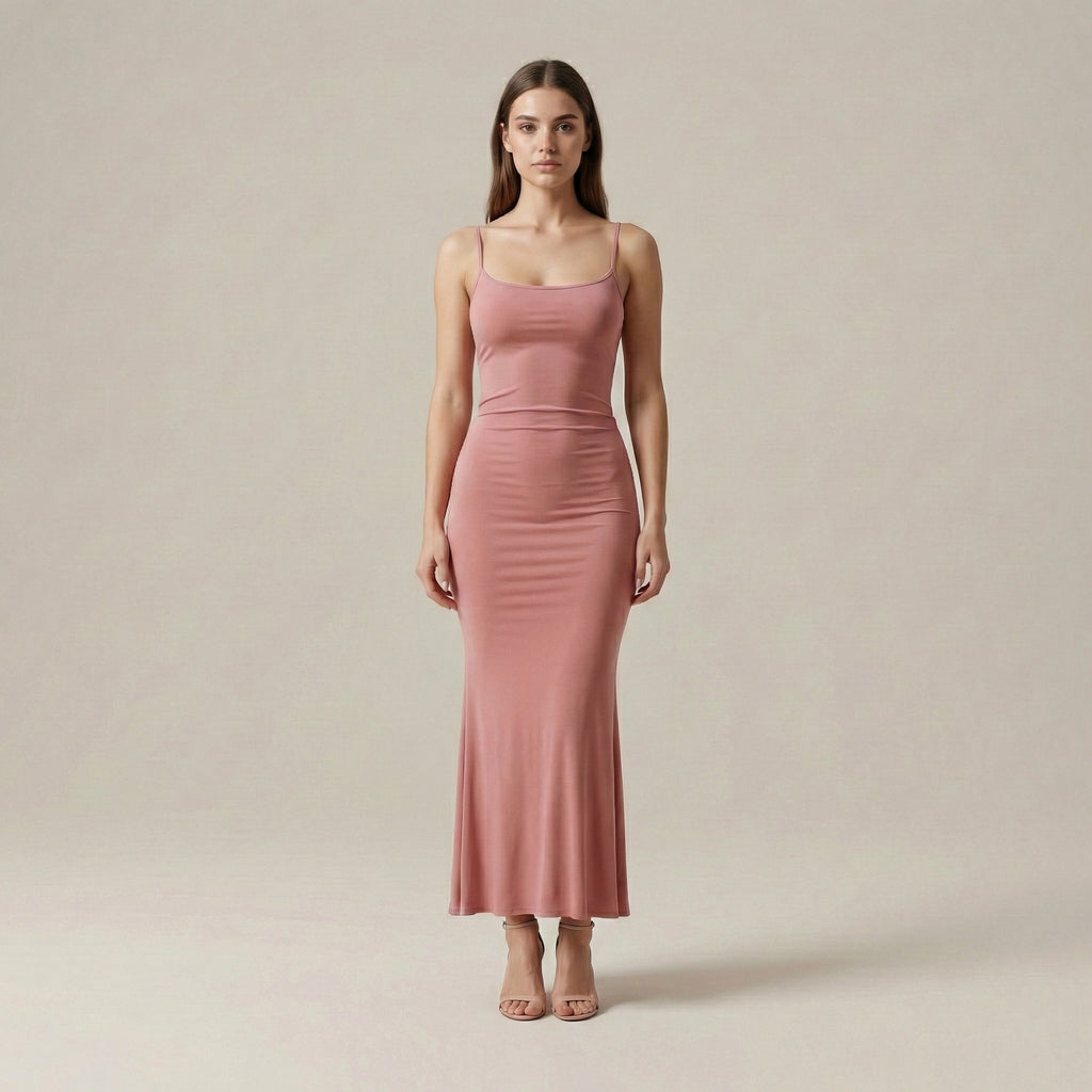 Woman wearing a pink dress against a plain background