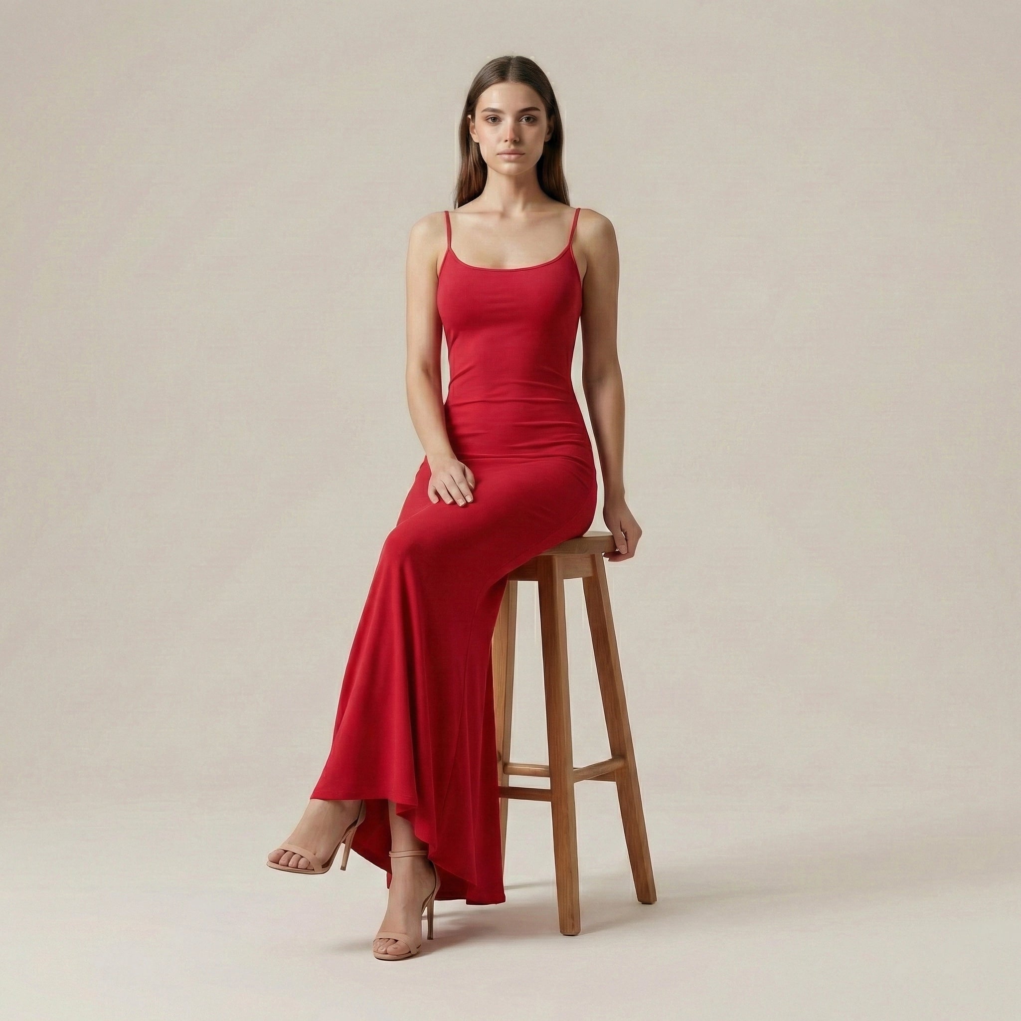 Woman in a red dress sitting on a wooden stool against a beige background