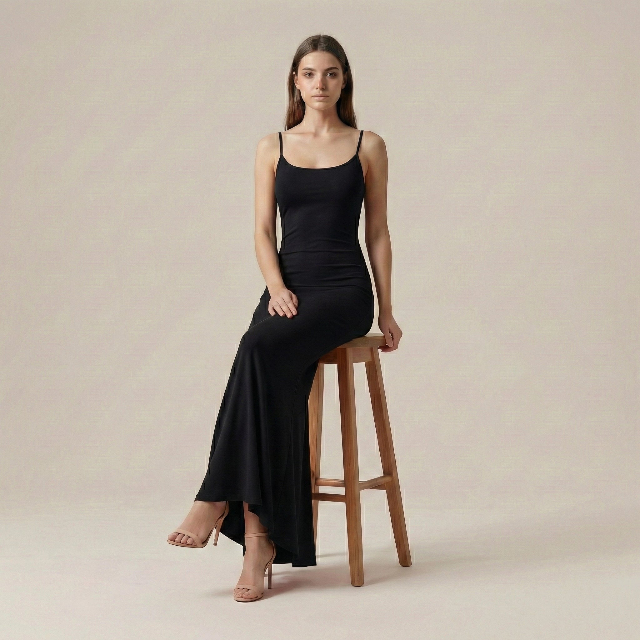 Woman in a black dress sitting on a wooden stool against a beige background