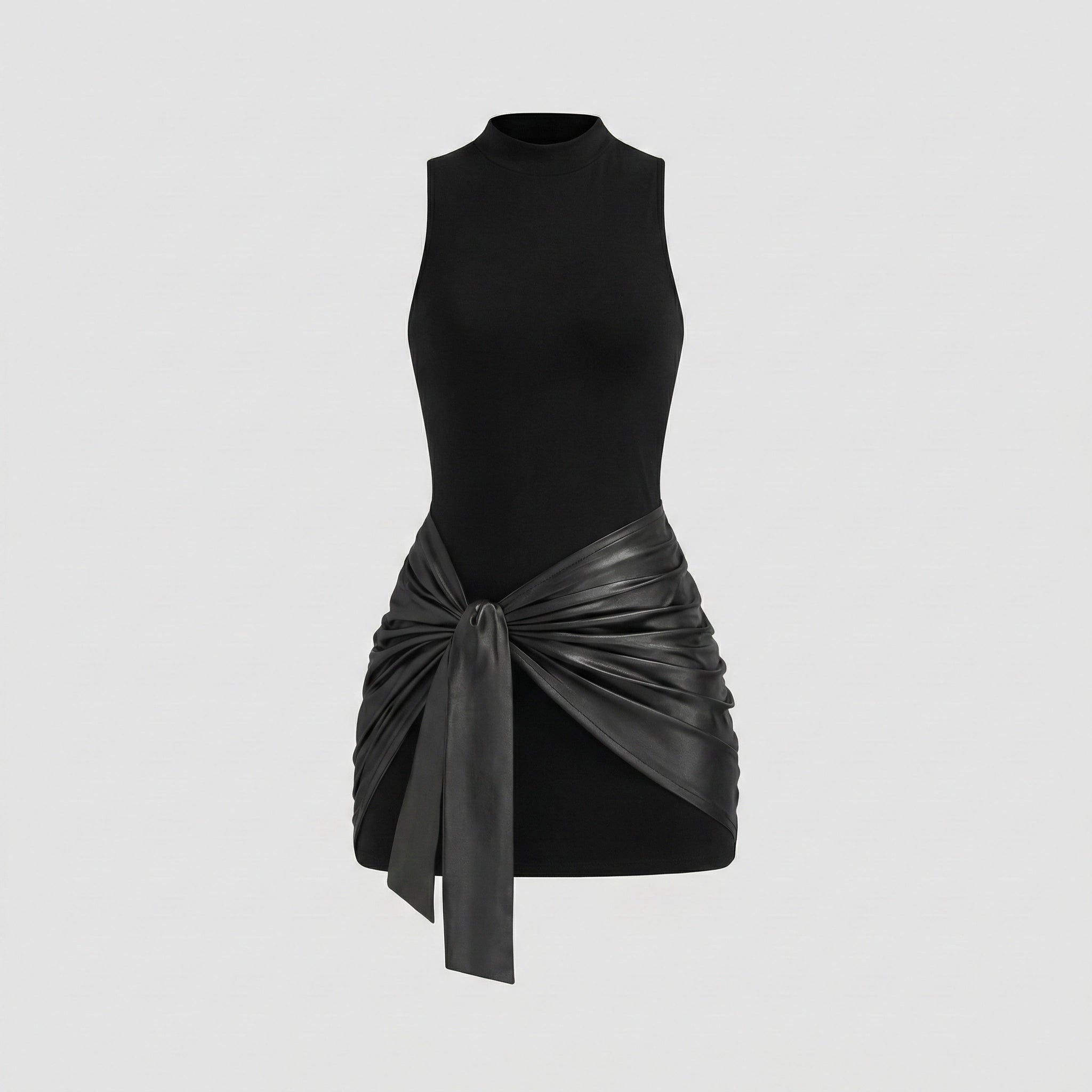 StandCollarFauxLeatherRuchedPanelMiniDress