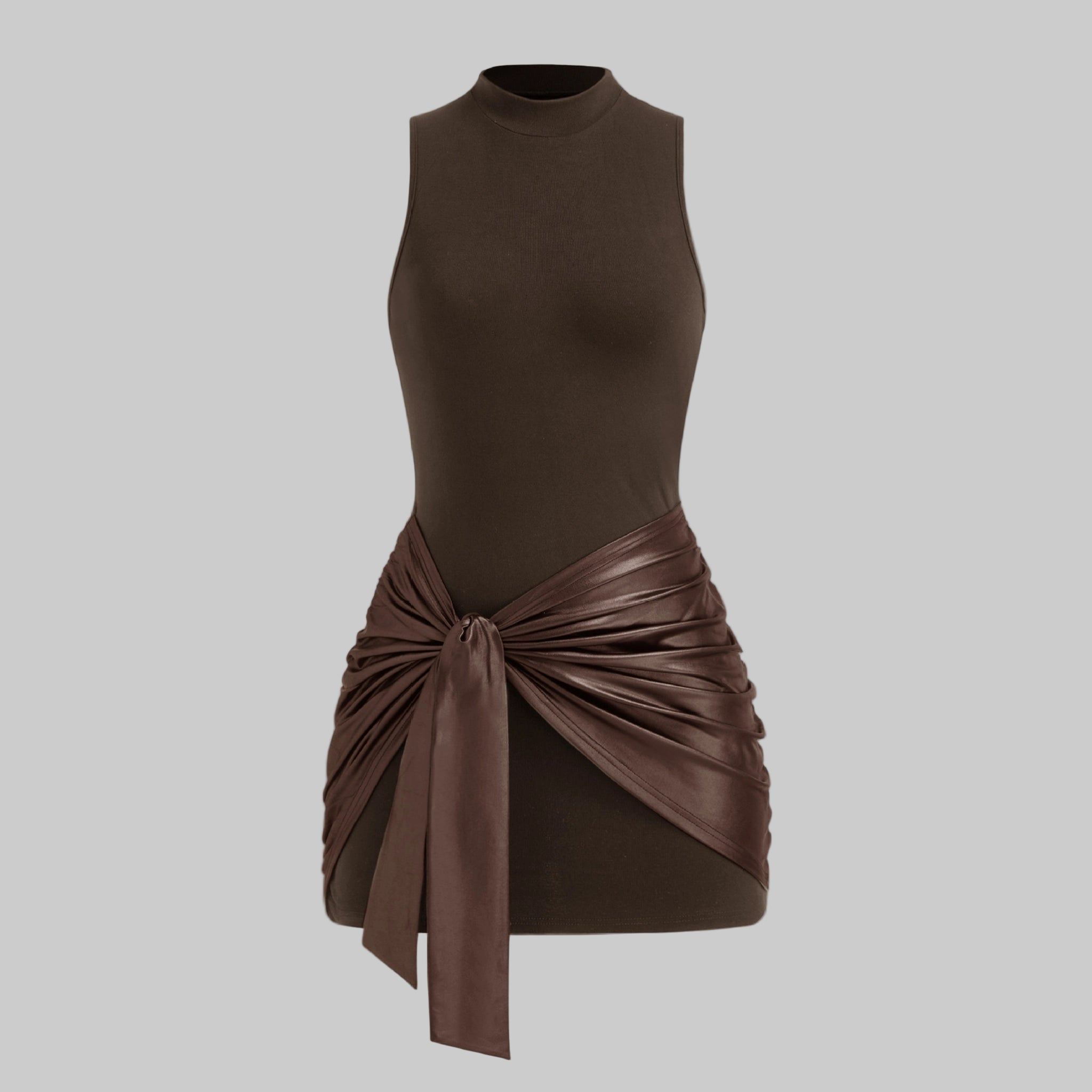 Brown dress with a tied leather-like material on a white background