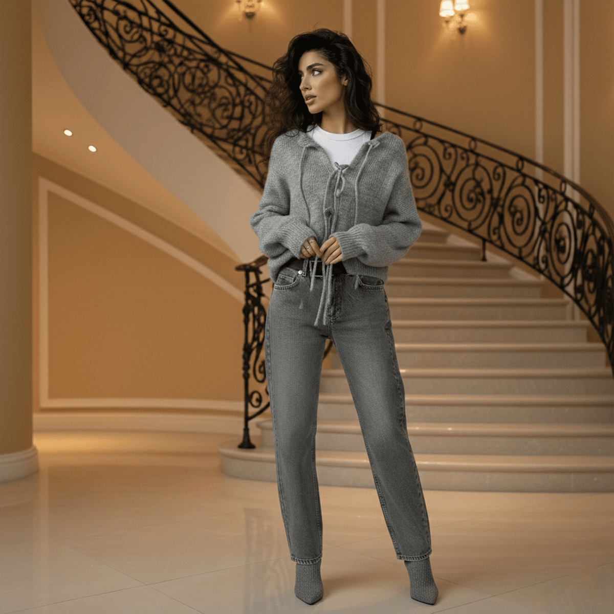 Woman in gray hoodie and jeans standing in a grand staircase