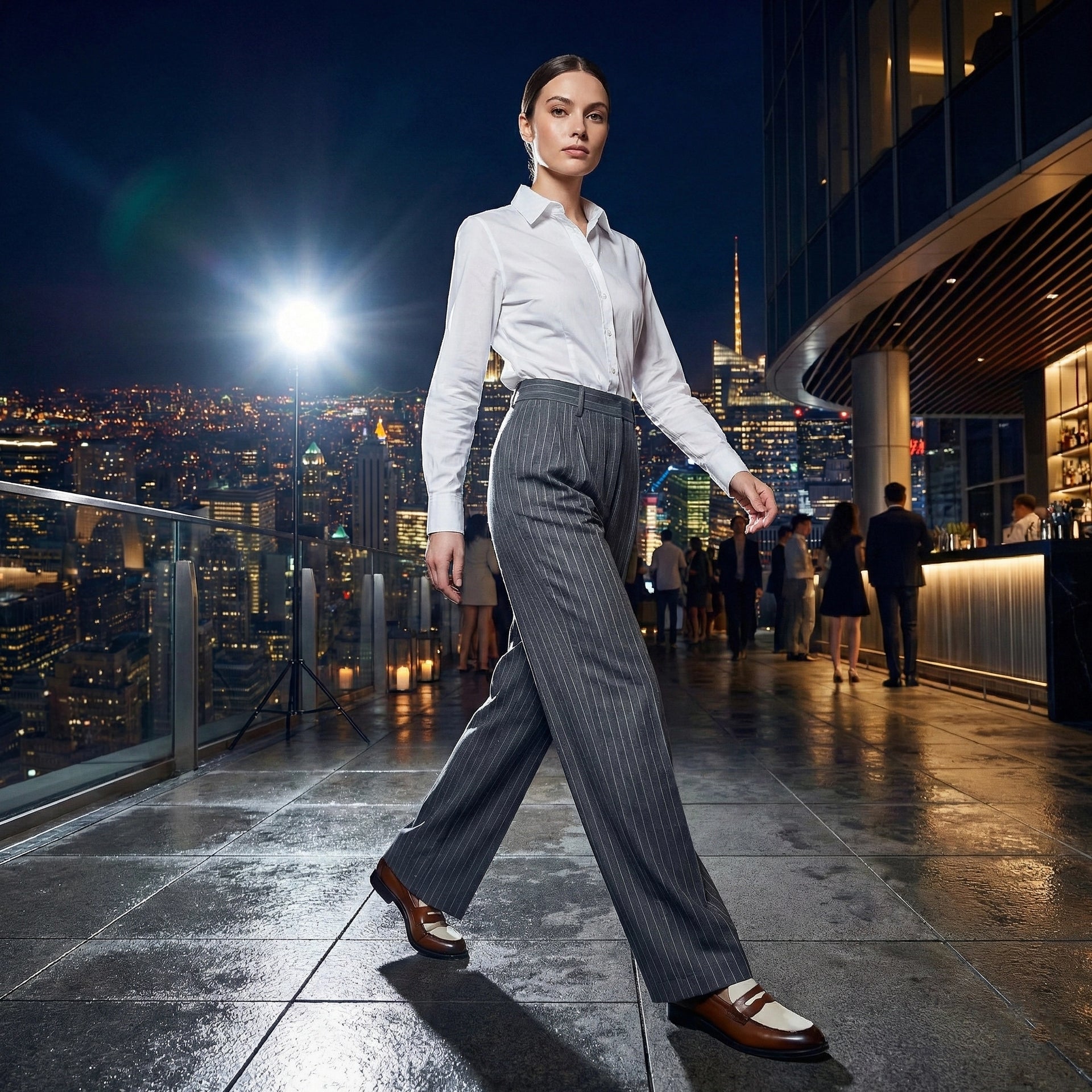 Woman in formal attire standing on a rooftop with city skyline in the background