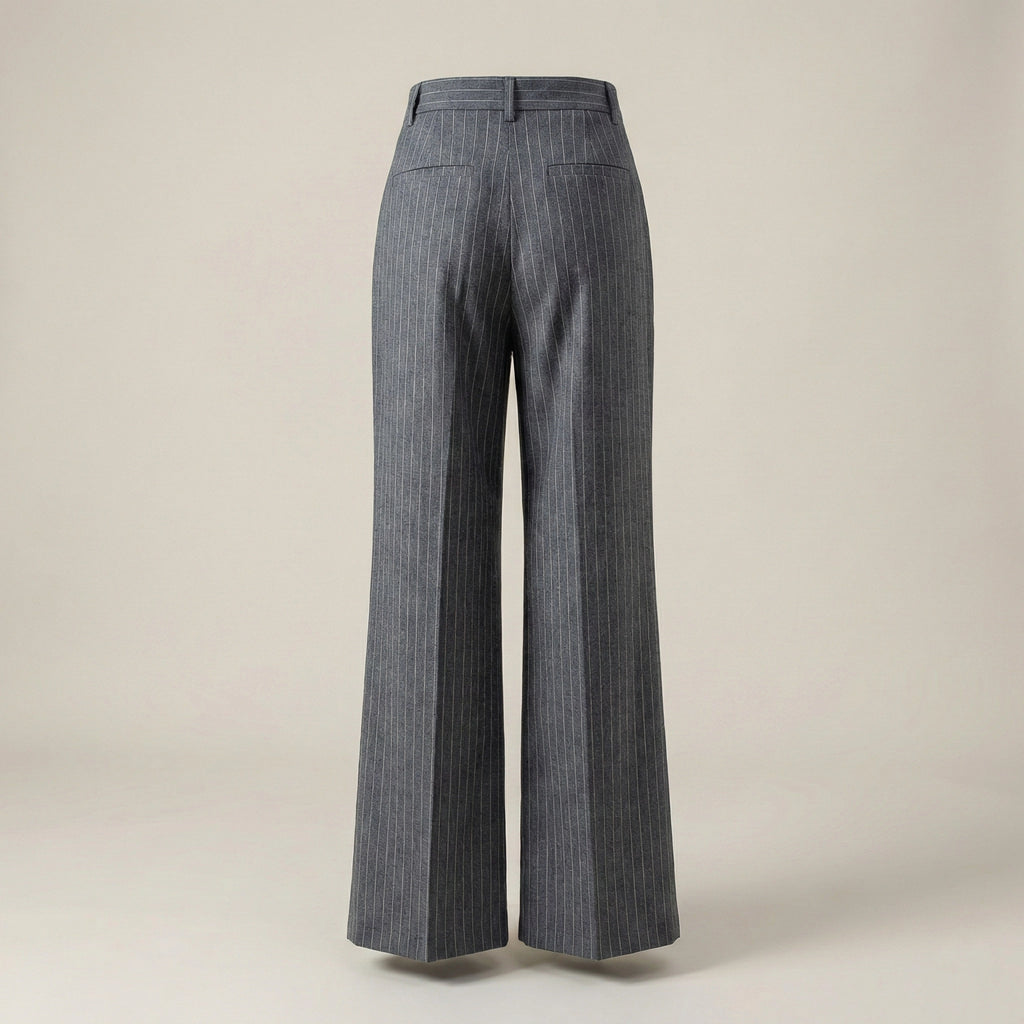 Gray pinstripe pants on a beige background