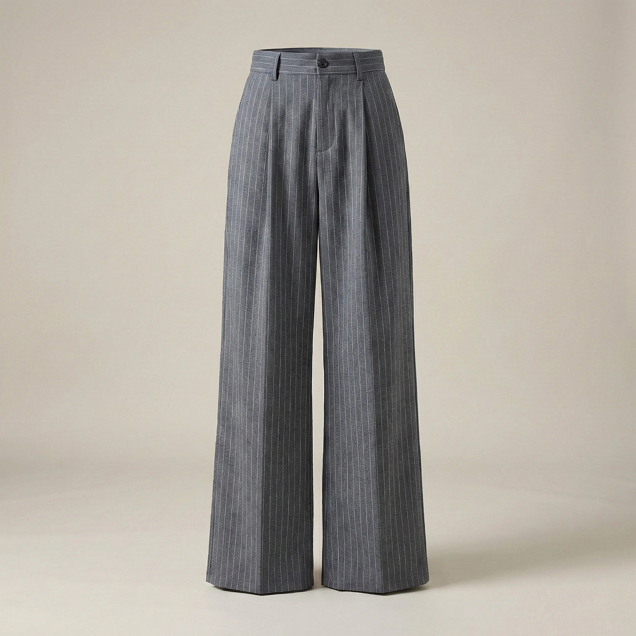Gray pinstripe pants on a beige background