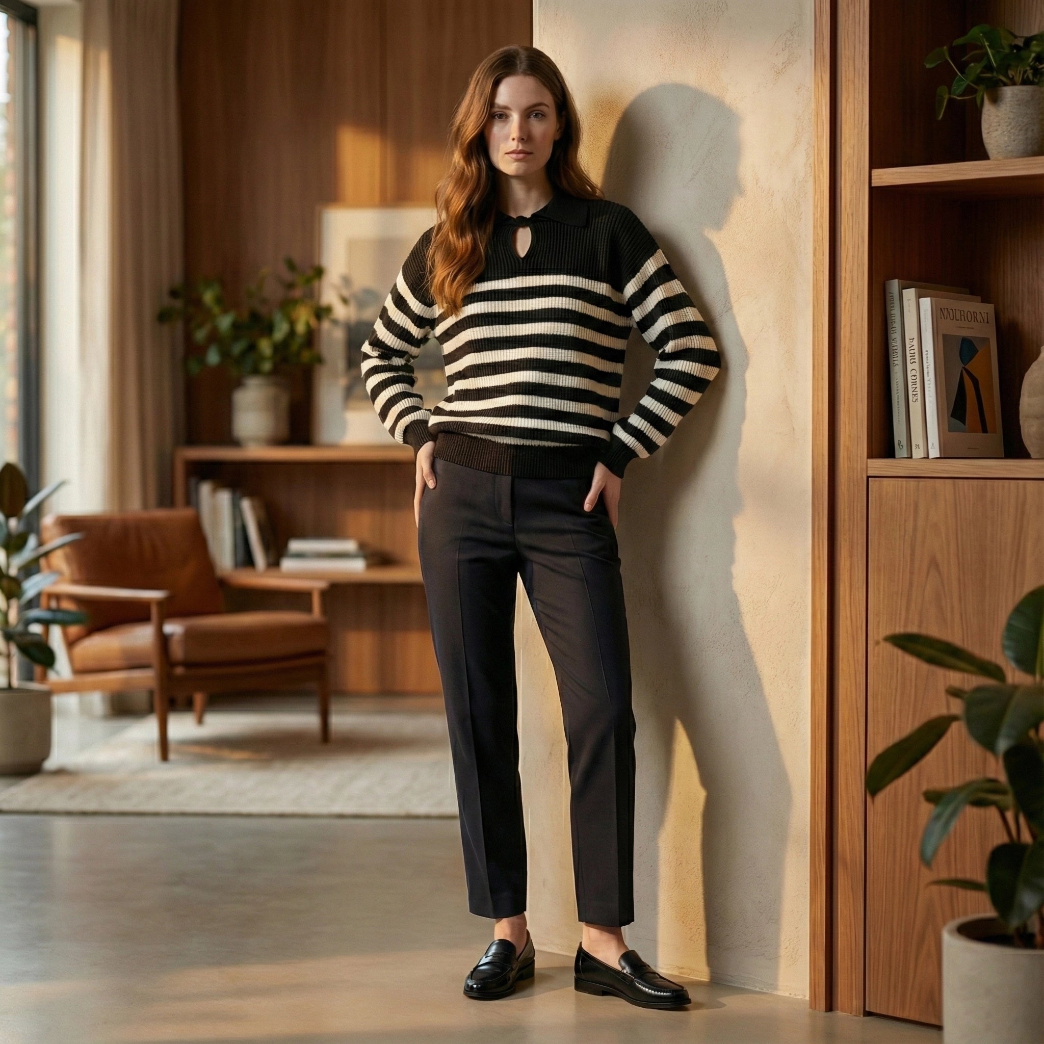 Woman in a striped sweater and black pants standing in a modern living room.