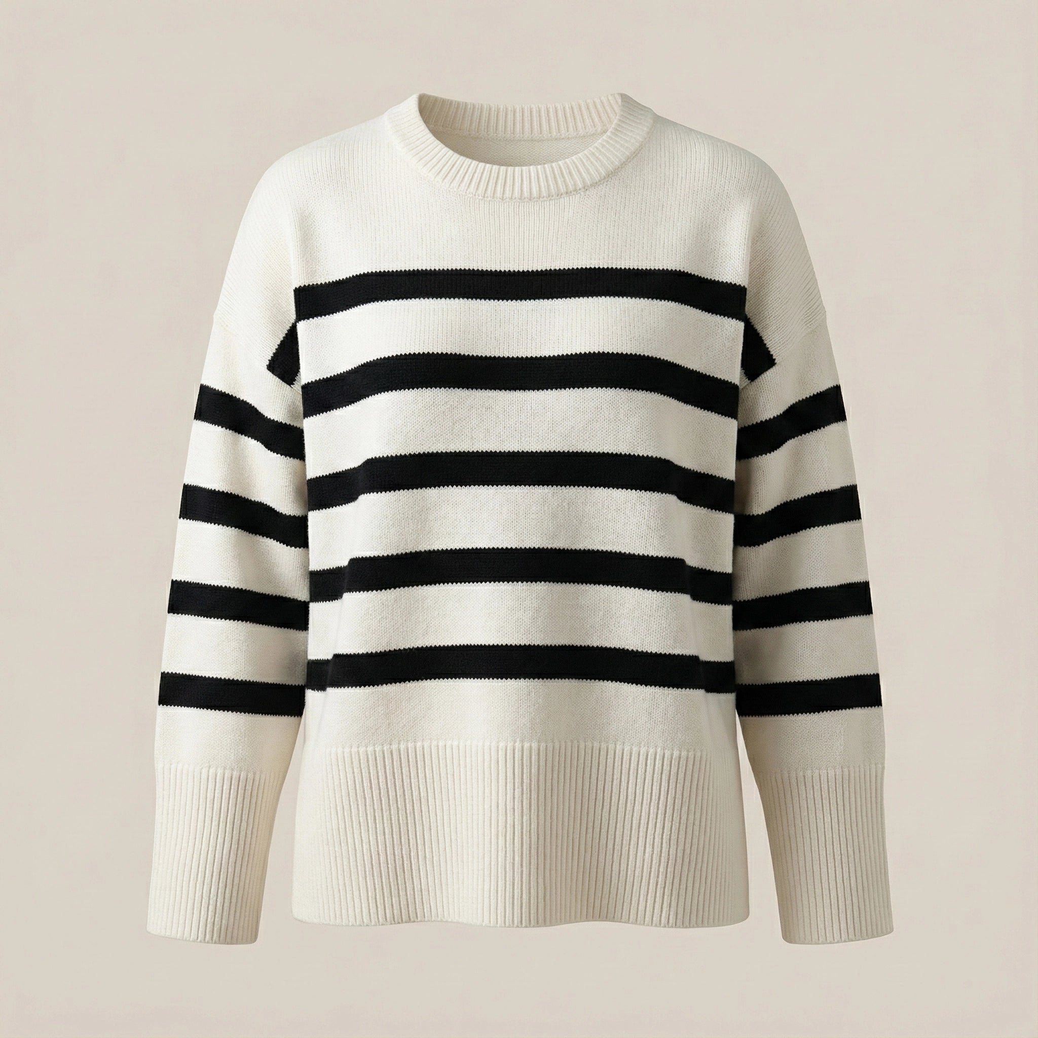 White sweater with black horizontal stripes on a beige background