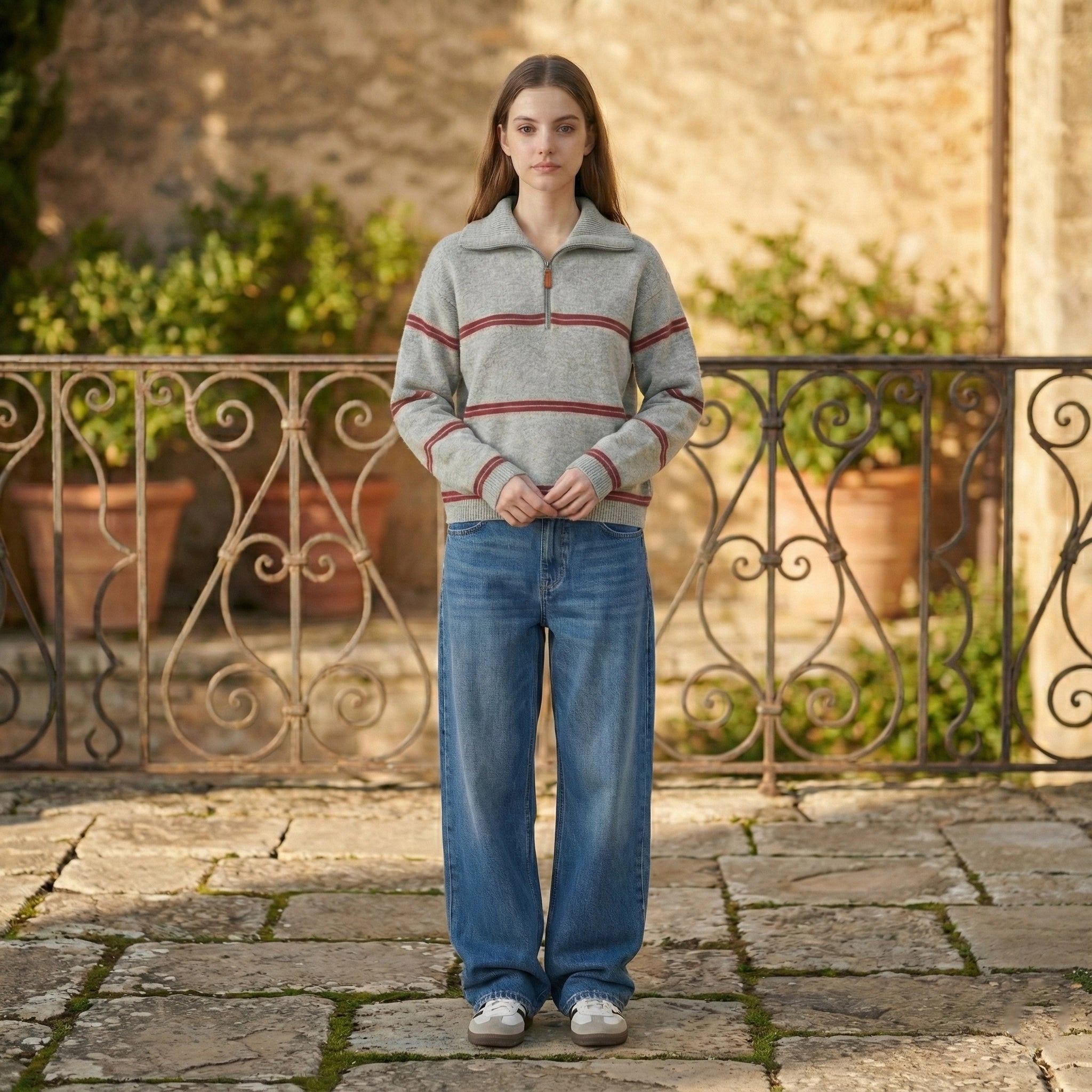 Person wearing a striped sweater and jeans standing on a stone path with a stone wall and plants in the background.