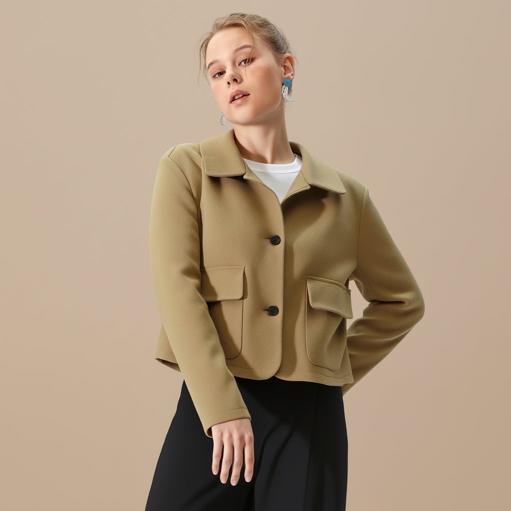 Woman wearing a beige jacket on a gray background