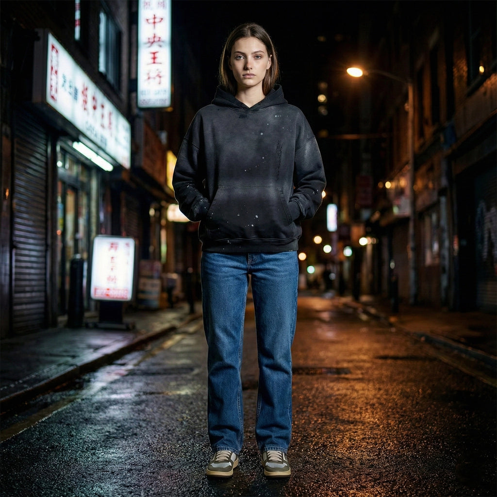 Person wearing a black hoodie and blue jeans standing on a dark street with neon signs in the background