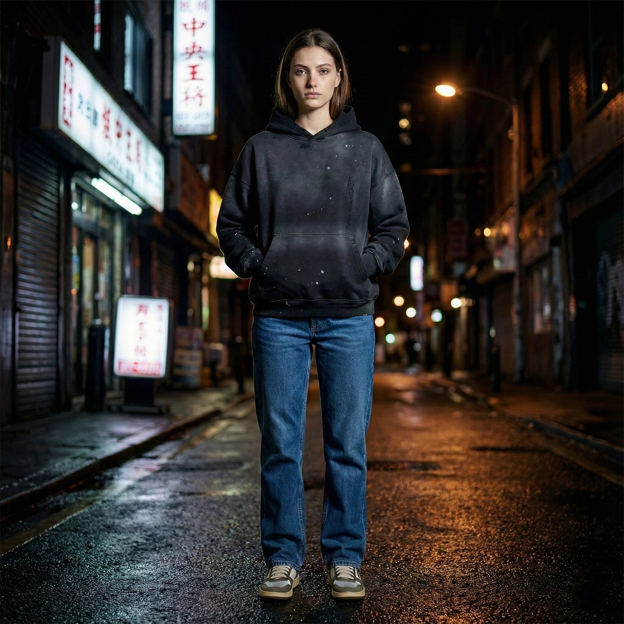 Person wearing a black hoodie and blue jeans standing on a dark street with neon signs in the background