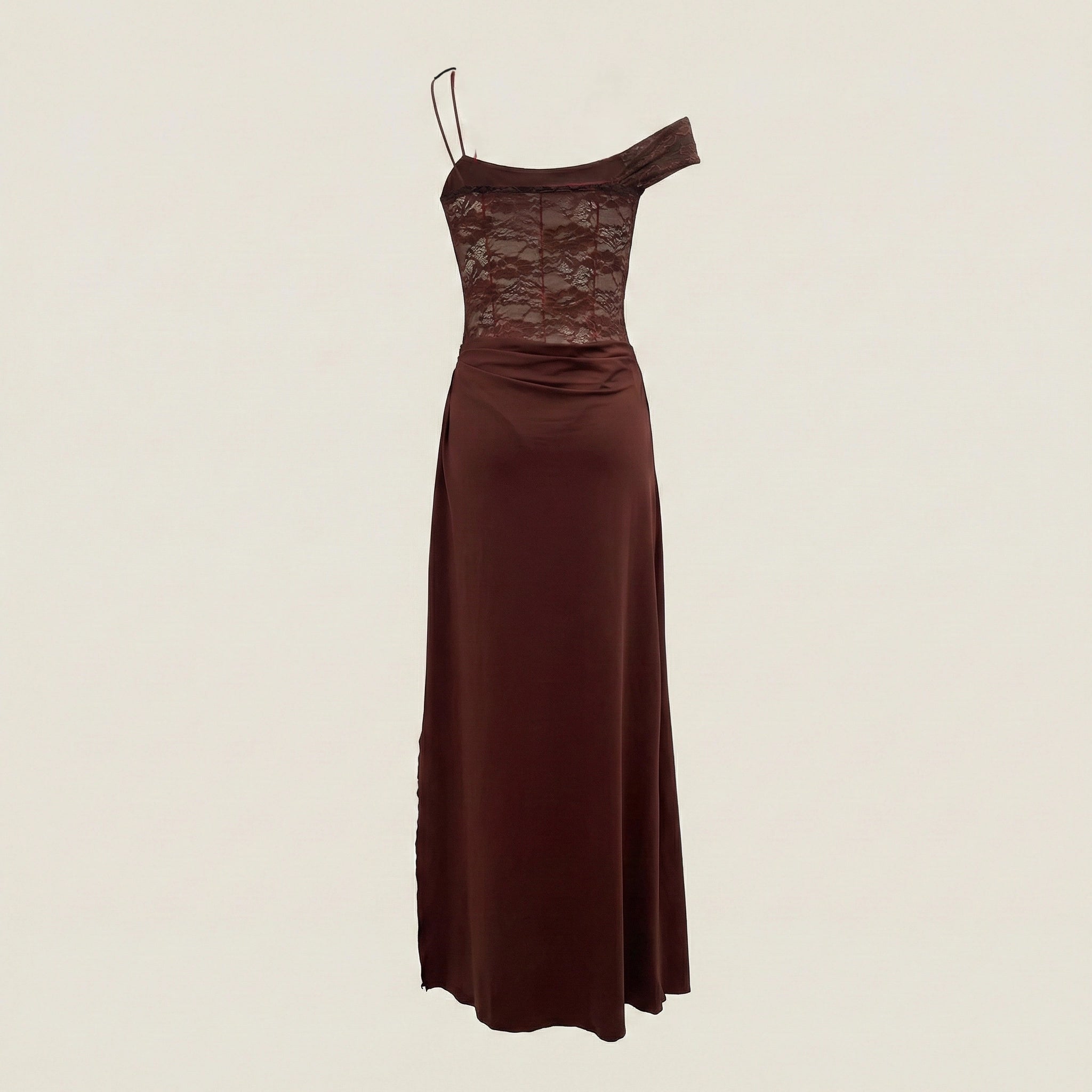 Brown evening gown with lace detailing on a beige background