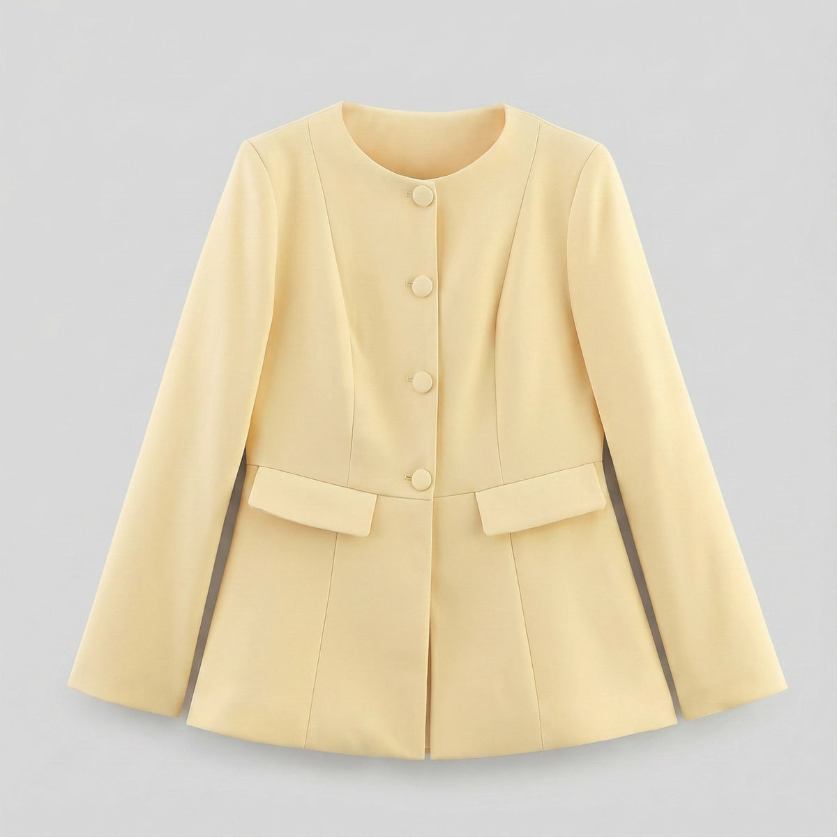Light yellow jacket with button details on a light gray background