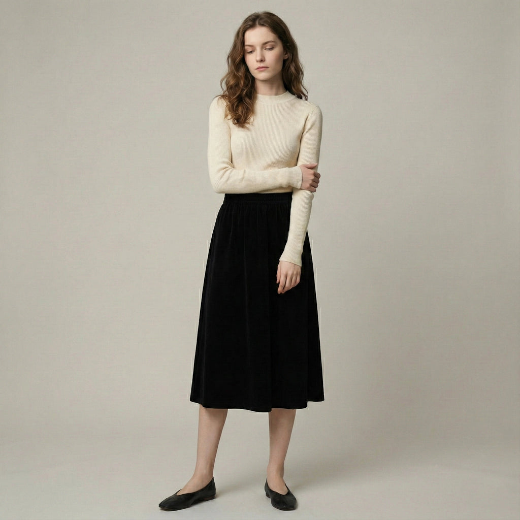 Woman wearing a beige sweater and black skirt against a plain background