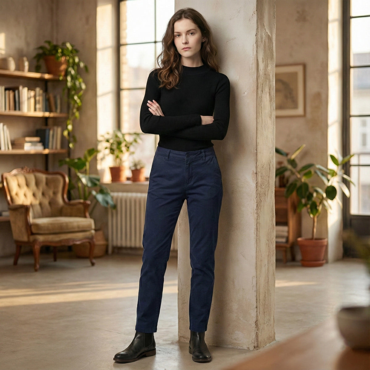 Woman standing in a sunlit room with plants and furniture