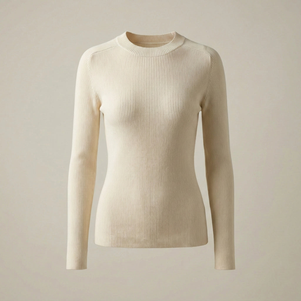 Beige ribbed long-sleeve sweater on a beige background