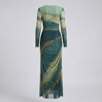 Green and beige dress with long sleeves on a light gray background