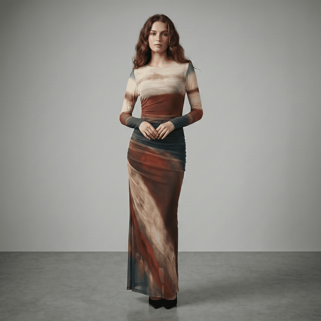 Woman wearing a long, multicolored dress against a gray background